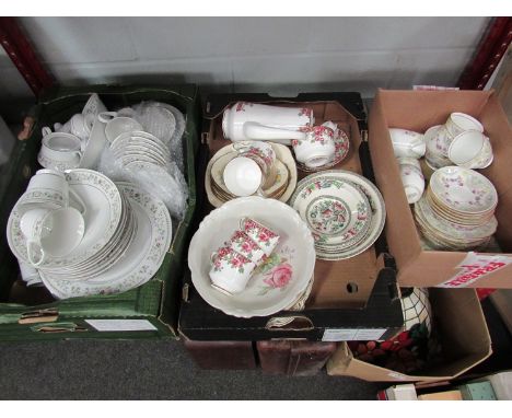 Three boxes of assorted part tea sets including Melba bone china and Indian Tree