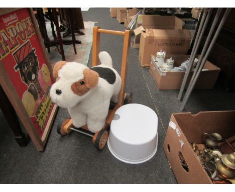 A Mulholland &amp; Baille push-along child's toy of dog form and a plastic step stool