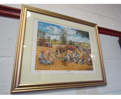 A limited edition print by Trevor Mitchell "Harvest Lunch", framed and glazed, 28cm x 37cm