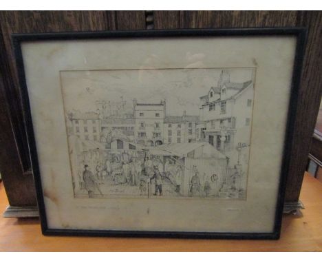 A framed and glazed print of Norwich market place, 20cm x 28cm