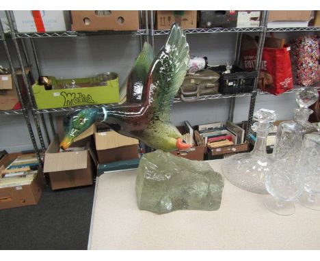 A mid 20th Century ceramic Mallard duck on a signed glass plinth, B Jacobson, 46cm tall