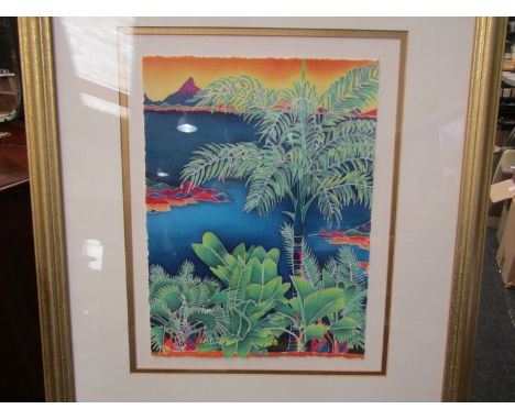 Roli Limited edition Jamaican screen print depicting palm tree, foliage and sea, framed and glazed,  35cm x 26cm