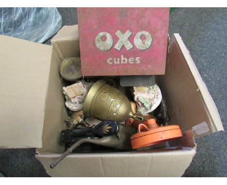 A set of postal scales with weights, Oxo tin, brass pig, mincer etc.
