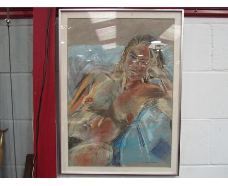 RICHARD BAKER (b.1948, Cambridge artist) A framed and glazed pastel portrait of a female nude, 'Nude Portrait on Blue', signe