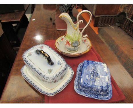 A Manuel Beullouh hand-painted jug and bowl, a Keeling &amp; Co Losol Ware cheese dish and a Copeland Spode "Italian" range b