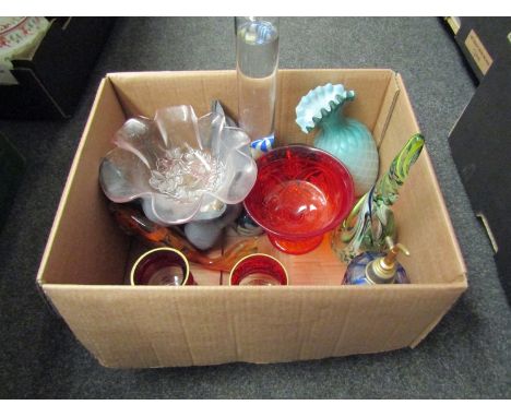 Nine pieces of glass including Galileo thermometer and fish