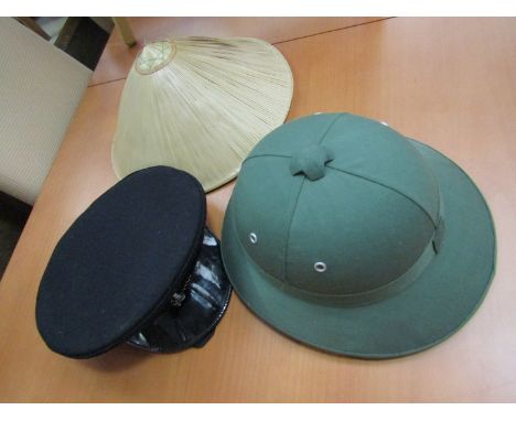 A green pith helmet, a visor cap and a Japanese straw hat (3)