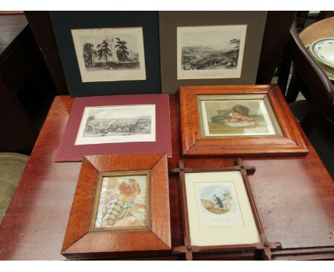 Two Victorian maple framed modern prints of children and a framed Victorian print of "The Poor Me" etc