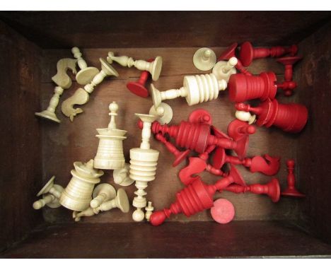 A part set of 19th Century bone chess pieces in Victorian mahogany box, a/f