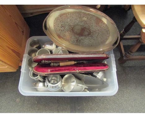 A box of metalwares including carving set and 1960's teapot etc