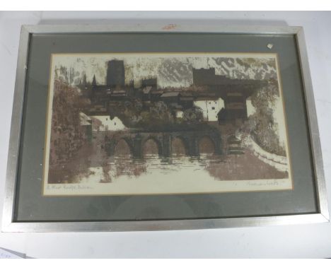 TWO FRAMED PRINTS - NORMAN WADE (BRITISH, 20TH CENTURY) PRINT OF DURHAM CATHEDRAL AND A SIGNED NORMAN WADE OF ELVET BRIDGE, D