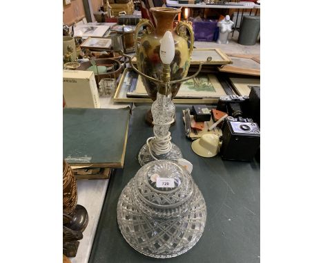 TWO ITEMS - A CUT GLASS MUSHROOM LAMP IN WORKING ORDER TOGETHER WITH TWIN HANDLED CONTINENTAL VASE 