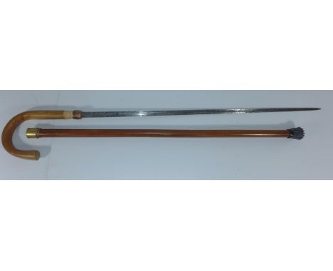 AN ANTIQUE SWORD STICK WITH CURVED HANDLE, 67 CM ACID ETCHED BLADE 