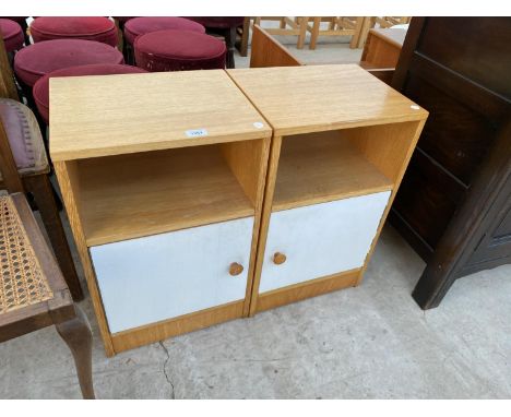 TWO TEAK EFFECT BEDSIDE CABINETS WITH UPPER SHELF AND WHITE LOWER DOORS 