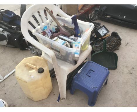 A QUANTITY OF TOOLS TO INCLUDE SHEARS, SCARIFIER, WEEDER, SHOOTING STICK, A CHAIR, BARREL AND VARIOUS PAINTS, FILLERS ETC 