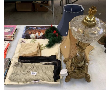 A LAMP BASE, TWO SHADES, ABBA RECORD AND FURTHER CLOTH ITEMS 