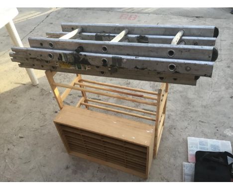 A FOUR SECTION TWELVE RUNG LADDER, A PIGEON HOLE BOX AND A WOODEN RACK 