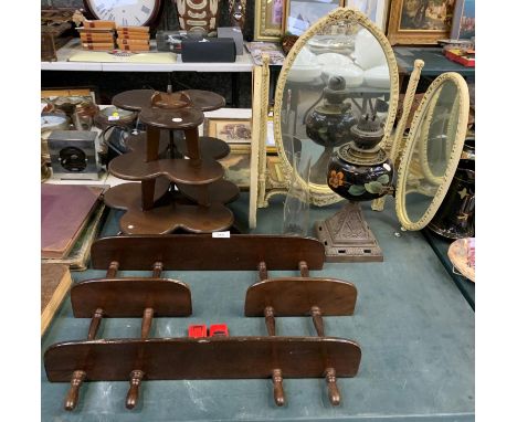 A DRESSING TABLE MIRROR, OIL LAMP BASE, TWO RETRO SHELVING UNITS 