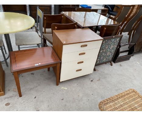 FOUR ITEMS - A MAHOGANY TABLE, TEAK AND WHITE CHEST OF FOUR DRAWERS, OAK AND TAPESTRY FIRESCREEN AND PINE MAGAZINE RACK 