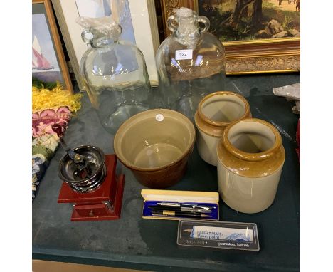 MIXED ITEMS - COLLECTABLE BIRO PENS, STONEWARE JARS, COFFEE GRINDER ETC 