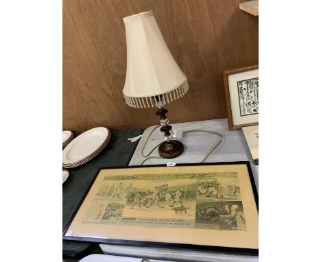 A FRAMED WIDDICOMBE FAIR PICTURE TOGETHER WITH A LAMP AND SHADE 