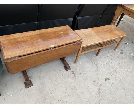 A MAHOGANY DROP LEAF COFFEE TABLE AND A TEAK COFFEE TABLE WITH LOWER SHELF 