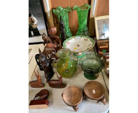 A LARGE COLLECTION OF WOODEN ANIMAL FIGURES, GLASS VASES, LAMP ETC 