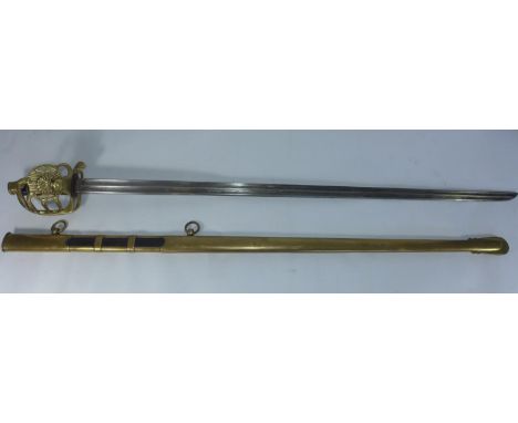 A FRENCH ARTILLERY SWORD, MARKED KLINGENTHAL, COMPLETE WITH SCABBARD, 95 CM BLADE 