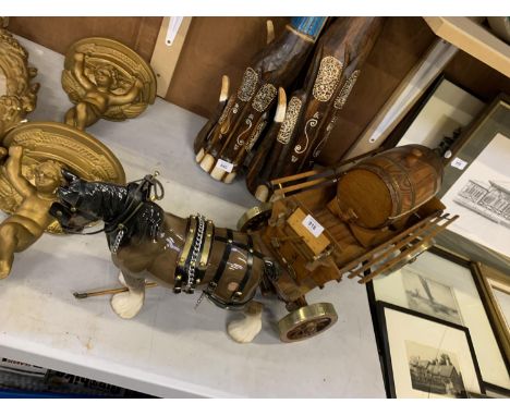 A CERAMIC SHIRE HORSE AND WOODEN CART MODEL 