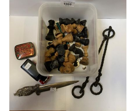 A BOX OF CHESS PIECES, LETTER OPENER, SNUFF BOX ETC 