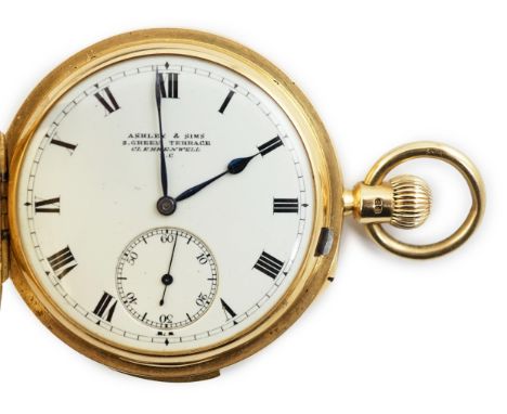 A George V 18ct gold hunter minute repeating lever pocket watch, by Ashley & Sims of Clerkenwell, with Roman dial and subsidi