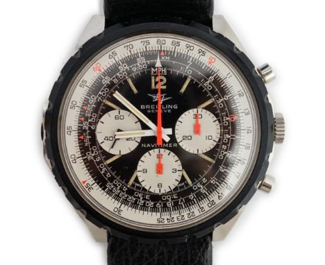 A gentleman's steel Breitling Navitimer manual wind wrist watch REF. 0816, black and silver dial with applied luminous hour m