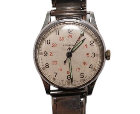 A gentleman's 1940's stainless steel Longines military issue manual wind wrist watch, with white dial and two Arabic dials in