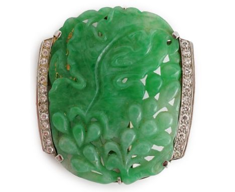 A Chinese white gold and diamond cluster set carved jade leaf and fruit brooch, 41mm, gross weight 20.8 grams.  Minor surface