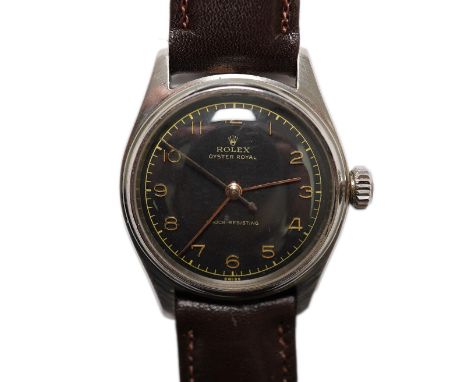 A gentleman's 1940's stainless steel Rolex Oyster Royal manual wind wrist watch, with black Arabic dial, case diameter 33mm, 