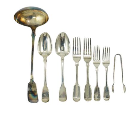 Eighteen items of assorted Victorian silver fiddle pattern flatware, various dates and makers, 38.2oz, together with a plated