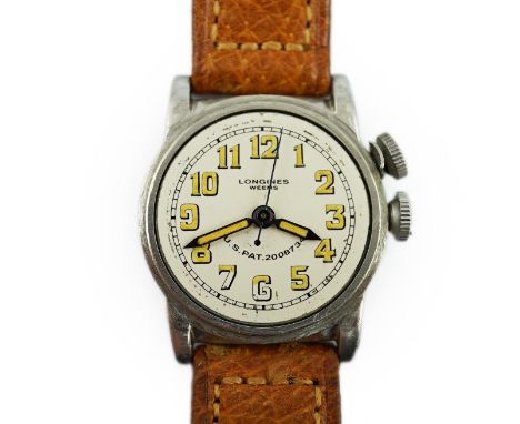 A gentleman's mid 1940's steel Longines Weems U.S Patent Army Pilot's manual wind wrist watch, with Arabic dial, the case bac