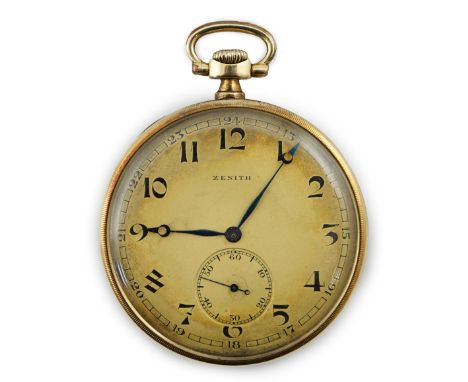 A Zenith 14K gold open faced keyless dress pocket watch, with Arabic dial, subsidiary seconds and base metal inner cuvette, c
