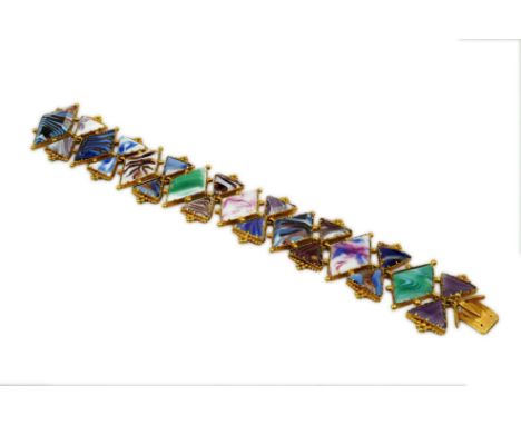 A mid 20th century gold and multi coloured Murano glass set bracelet, with triangular shaped links, 17cm, gross weight 30.4 g