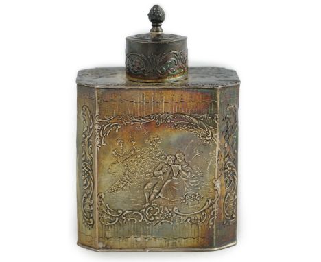 A 19th century German Hanau? silver tea caddy and cover, of octagonal form and decorated with fête galante scenes, 13.2cm.  L