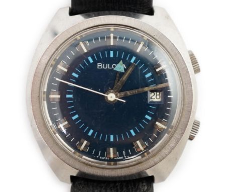 A gentleman's early 1970's stainless steel Bulova alarm manual wind wrist watch, with dual baton numerals and date aperture, 