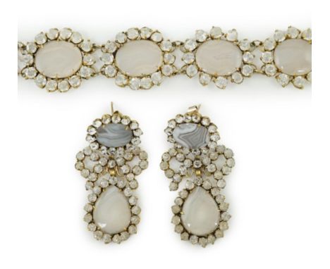 A good late 18th/early 19th century gilt metal mounted banded agate and white paste cluster necklace and pair of matching dro