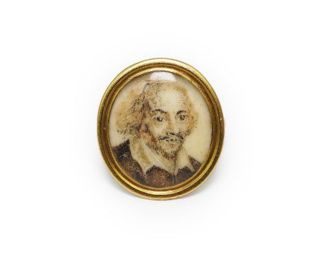 A George III gold mounted painted and hairwork portrait miniature ring, of oval form, depicting a bearded Shakespearian gentl