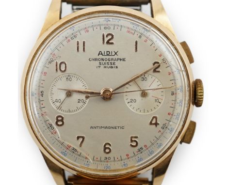 A gentleman's 18ct gold Aidix chronograph manual wind wrist watch, with Arabic dial and two subsidiary dials, case diameter 3