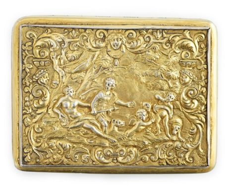A George III silver gilt rectangular snuff box, by William Parker, embossed with figures amongst foliate scrolls and masks, L