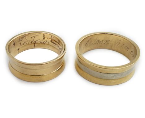 A lady's and gentleman's gold wedding bands, the latter with central white gold band, both engraved with personal inscription