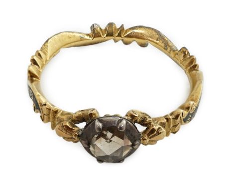 A George II gold, enamel and rose cut diamond set memorial ring, inscribed 'Sarah Gibson, OB 9 Oct 1758', size R, gross weigh