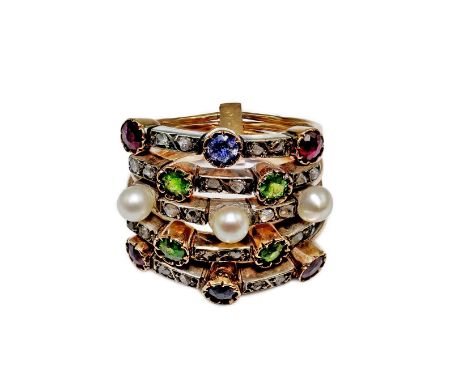 A late Victorian ruby, rose cut diamond, sapphire, pearl and garnet cluster set multi shank ring, size M, gross weight 5.9 gr