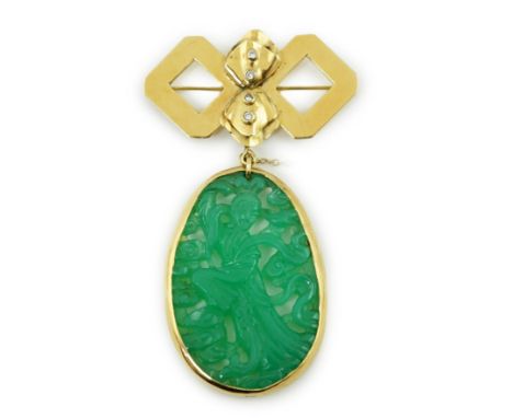 A modern 18ct gold and four stone diamond mounted  jadeite drop brooch, of oval form, carved with a figure amongst foliage, w