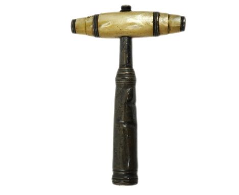 A George III silver and mother of pearl corkscrew by Samuel Pemberton, maker's mark only, 79mm.  Barrel has large dents. Poor